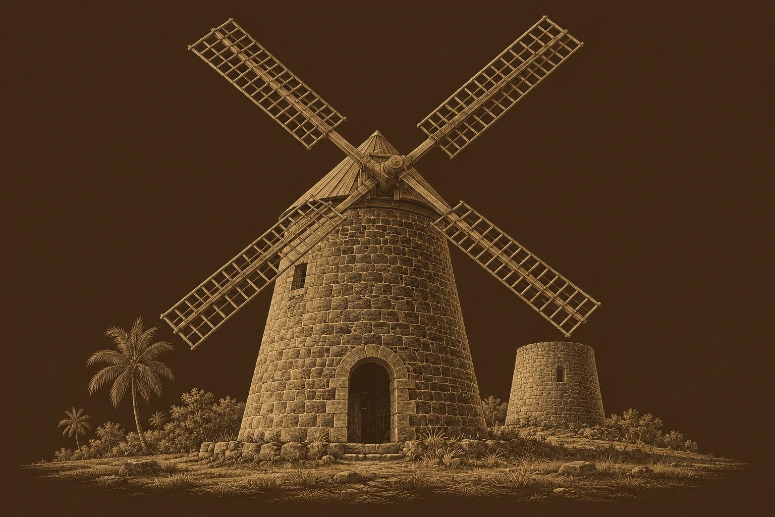 Betty’s Hope historic windmills, Antigua — architectural illustration